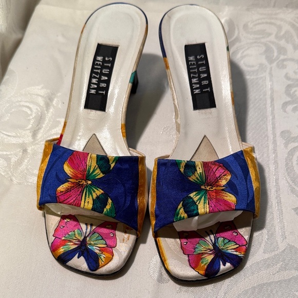 Stuart Weitzman Blue and Gold Floral Mules - Picture 1 of 14